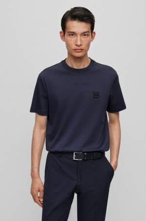 Camiseta Hugo Boss Algodon Regular-fit With Logo Badge Hombre Azules Oscuro | 18056-OZKJ