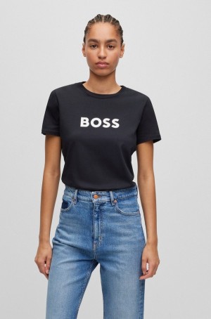 Camiseta Hugo Boss Algodon-jersey Regular-fit With Contrast Logo Mujer Negros | 73859-WMCD