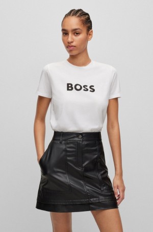 Camiseta Hugo Boss Algodon-jersey Regular-fit With Contrast Logo Mujer Blancos | 52317-KZDR