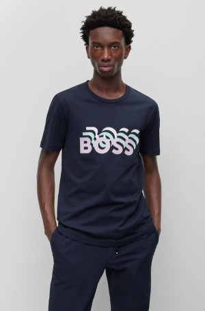 Camiseta Hugo Boss Algodon-jersey Slim-fit With Repeat Logos Hombre Azules Oscuro | 29134-SPHN