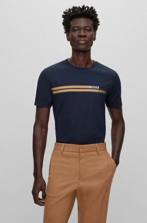 Camiseta Hugo Boss Algodon-jersey Slim-fit With Carreras-inspired Stripe Hombre Azules Oscuro | 41075-BNGP