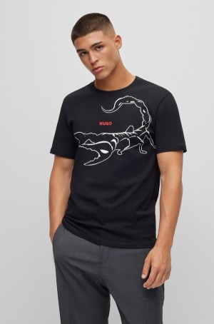 Camiseta Hugo Boss Algodon-jersey With Artwork And Logo Hombre Negros | 30748-RFPM
