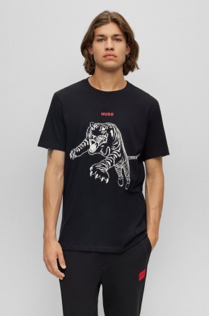 Camiseta Hugo Boss Algodon-jersey With Artwork And Logo Hombre Negros | 83541-UBKH