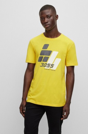 Camiseta Hugo Boss Algodon-jersey With Carreras-inspired Print Hombre Amarillos | 91753-RZPX