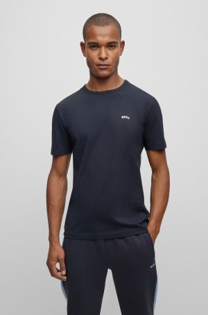 Camiseta Hugo Boss Algodon-jersey With Curved Logo Hombre Azules Oscuro | 36874-GDTO