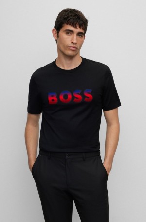 Camiseta Hugo Boss Algodon-jersey With Degradé Logo Hombre Negros | 50816-SLPK