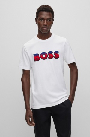 Camiseta Hugo Boss Algodon-jersey With Degradé Logo Hombre Blancos | 06524-XSNZ