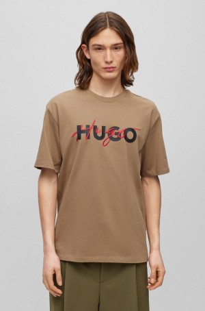 Camiseta Hugo Boss Algodon-jersey With Double Logo Print Hombre Beige | 54260-TELF