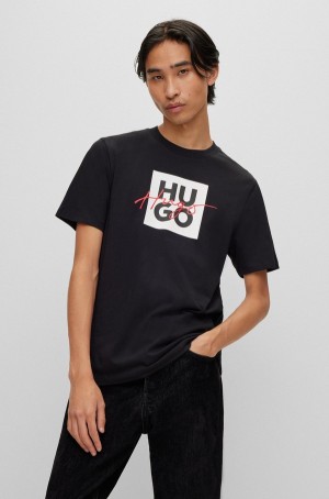 Camiseta Hugo Boss Algodon-jersey With Double Logo Hombre Negros | 54938-XQIR