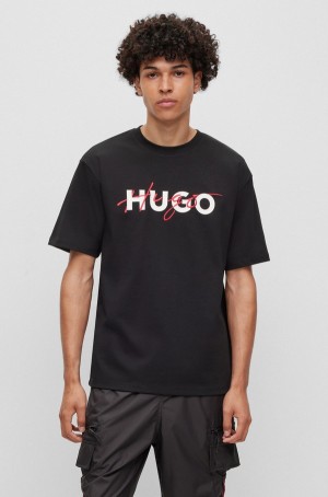 Camiseta Hugo Boss Algodon-jersey With Double Logo Print Hombre Negros | 87136-SLDB