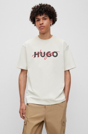 Camiseta Hugo Boss Algodon-jersey With Double Logo Print Hombre Verdes Claro | 74960-ELMK