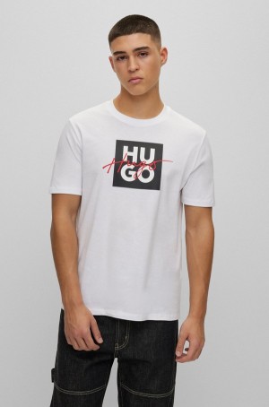 Camiseta Hugo Boss Algodon-jersey With Double Logo Hombre Blancos | 43287-YPID