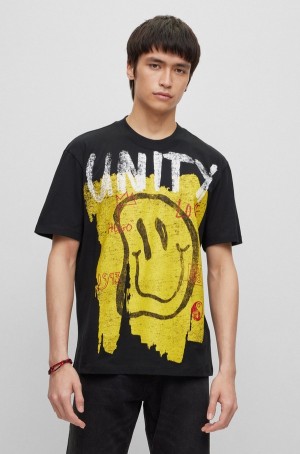 Camiseta Hugo Boss Algodon-jersey With Doodle Motifs Hombre Negros Amarillos | 27315-OCYB