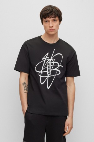 Camiseta Hugo Boss Algodon-jersey With Graffiti-inspired Artwork Hombre Negros | 40165-RWAM
