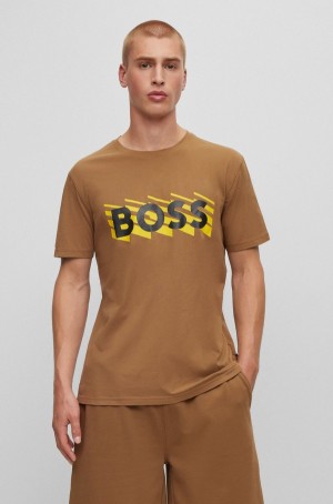 Camiseta Hugo Boss Algodon-jersey With Logo Detail Hombre Marrom | 42658-VPOY