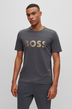 Camiseta Hugo Boss Algodon-jersey With Logo Artwork Hombre Grises Oscuro | 82136-HAQG