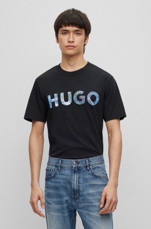 Camiseta Hugo Boss Algodon-jersey With Logo And Slogan Hombre Negros | 79302-MNVK