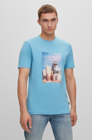 Camiseta Hugo Boss Algodon-jersey With New-season Artwork Hombre Azules Claro | 75490-ZKMU