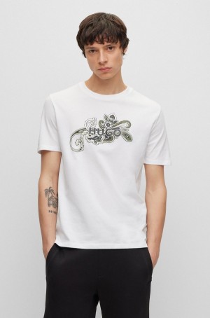 Camiseta Hugo Boss Algodon-jersey With Paisley Motif And Logo Hombre Blancos | 68379-EMOW