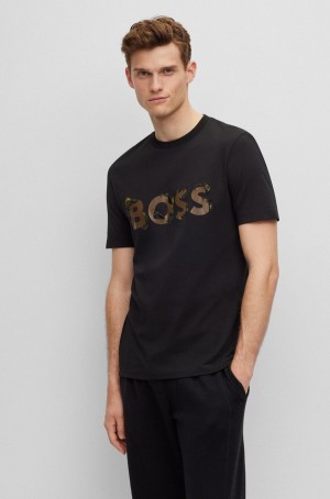 Camiseta Hugo Boss Algodon-jersey With Printed And Embroidered Branding Hombre Negros | 18945-GNRS