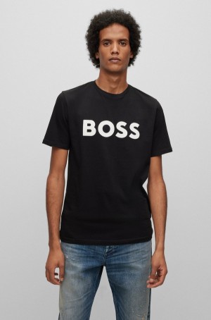 Camiseta Hugo Boss Algodon-jersey With Rubber-print Logo Hombre Negros | 24730-ACGM