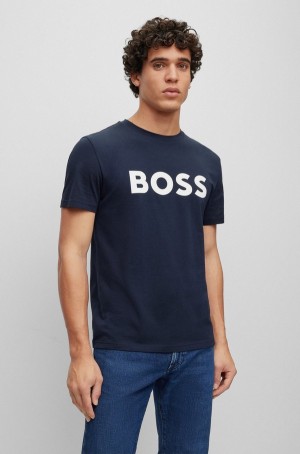 Camiseta Hugo Boss Algodon-jersey With Rubber-print Logo Hombre Azules Oscuro | 26405-ZAUN
