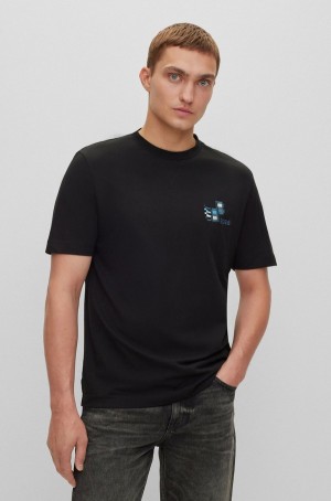 Camiseta Hugo Boss Algodon-jersey With Seasonal Artwork Hombre Negros | 34157-RJXZ