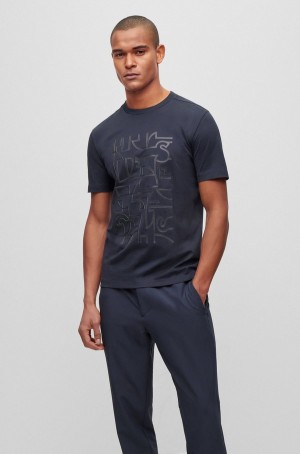 Camiseta Hugo Boss Algodon-jersey With Seasonal Estampados Print Hombre Azules Oscuro | 56973-CILP