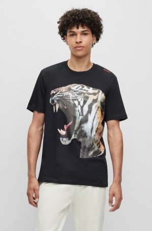 Camiseta Hugo Boss Algodon-jersey With Tiger Estampados Hombre Negros | 31847-TIHL