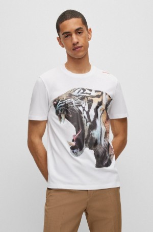 Camiseta Hugo Boss Algodon-jersey With Tiger Estampados Hombre Blancos | 25703-HIXR