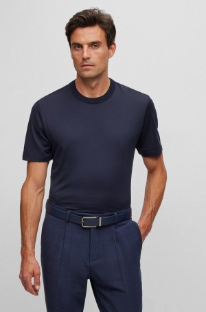 Camiseta Hugo Boss Algodon-silk With Fineline Stripes And Double Collar Hombre Azules Oscuro | 17083-LAZI