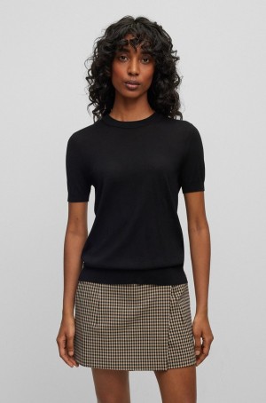 Camiseta Hugo Boss Corta-sleeved In Merino Lana Mujer Negros | 71945-GAHN