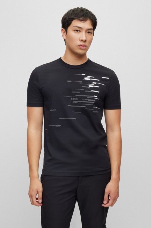 Camiseta Hugo Boss Crew-neck In Stretch Algodon With Logo Artwork Hombre Negros | 21867-FLQG