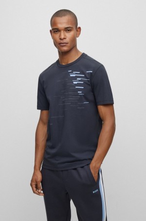 Camiseta Hugo Boss Crew-neck In Stretch Algodon With Logo Artwork Hombre Azules Oscuro | 42597-XJAR