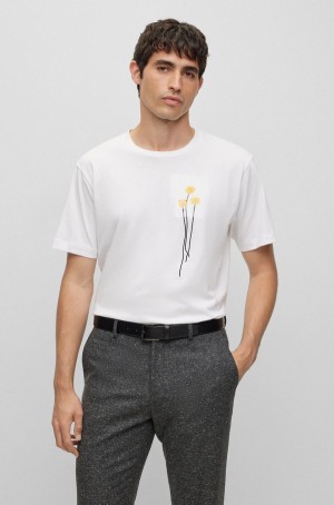 Camiseta Hugo Boss Interlock-cotton With Faux Flower Petals Hombre Blancos | 43970-GKEQ