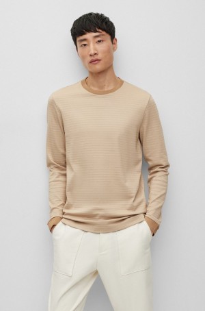 Camiseta Hugo Boss Long-sleeved Algodon-blend With Ottoman Structure Hombre Beige | 90235-KZQN