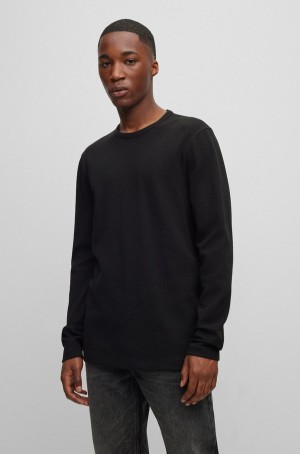 Camiseta Hugo Boss Long-sleeved In A Waffle-structured Algodon Blend Hombre Negros | 96127-LBEI