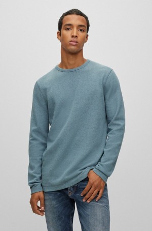 Camiseta Hugo Boss Long-sleeved In A Waffle-structured Algodon Blend Hombre Azules | 82756-CEOP