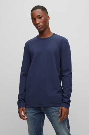 Camiseta Hugo Boss Long-sleeved In A Waffle-structured Algodon Blend Hombre Azules Oscuro | 56729-KEFA