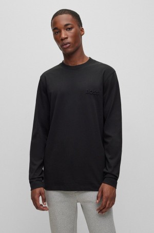 Camiseta Hugo Boss Long-sleeved In Peached Algodon With Embossed Logo Hombre Negros | 45271-OCEH