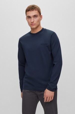 Camiseta Hugo Boss Long-sleeved In Peached Algodon With Embossed Logo Hombre Azules Oscuro | 53604-KOQN
