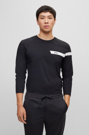 Camiseta Hugo Boss Long-sleeved Stretch-cotton With Stripe And Logo Hombre Negros | 38704-BITJ