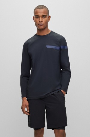 Camiseta Hugo Boss Long-sleeved Stretch-cotton With Stripe And Logo Hombre Azules Oscuro | 29135-NXTF