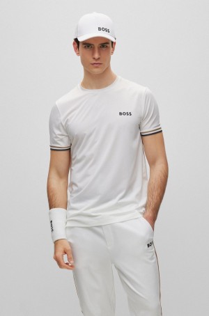 Camiseta Hugo Boss Matteo Berrettini Logo Crew-neck With Signature Stripes Hombre Blancos | 86579-AXRL