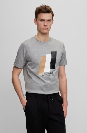 Camiseta Hugo Boss Mercerised-cotton With High-shine Artwork Hombre Grises | 37654-QSWB