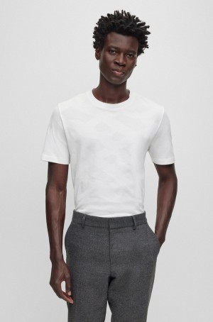 Camiseta Hugo Boss Mercerised-cotton With Large Jacquard-woven Monograms Hombre Blancos | 23681-NGTD