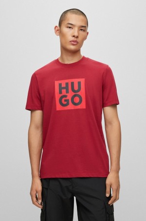 Camiseta Hugo Boss Organic-cotton With Logo Print Hombre Rojos Oscuro | 52146-CYLP