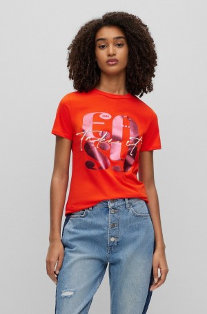 Camiseta Hugo Boss Organic-cotton With Seasonal Artwork Mujer Naranjas | 70518-SKQO