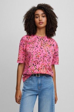 Camiseta Hugo Boss Organic-cotton With Seasonal Motif Mujer Rosas | 67102-BUXI