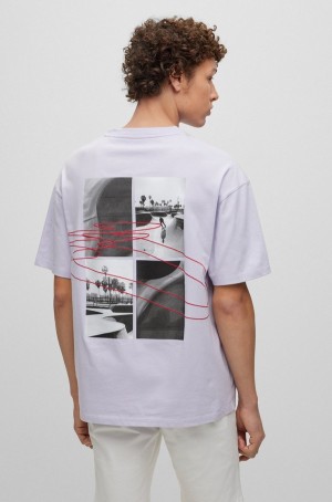 Camiseta Hugo Boss Oversized-fit In Organic Algodon With Logo Estampados Hombre Morados Claro | 26580-CHOU